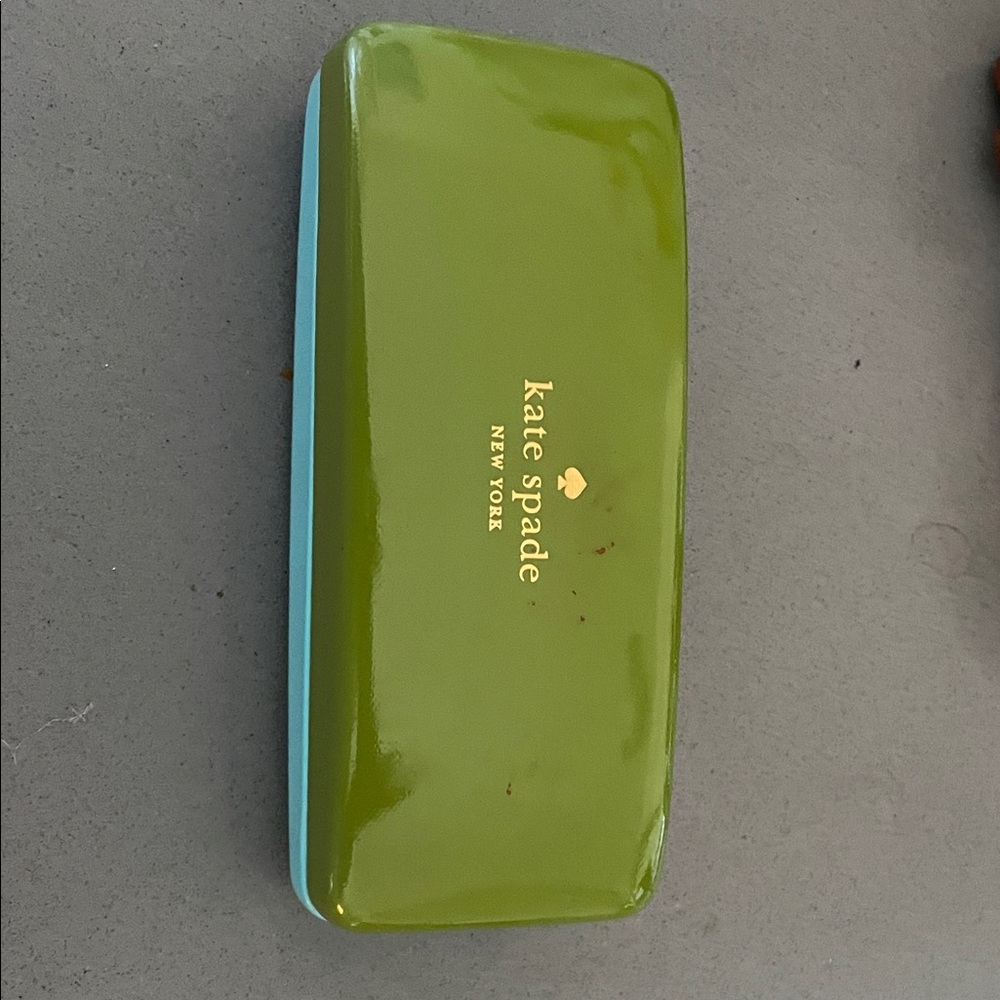 kate spade glossy olive green eyeglass case with turquoise trim